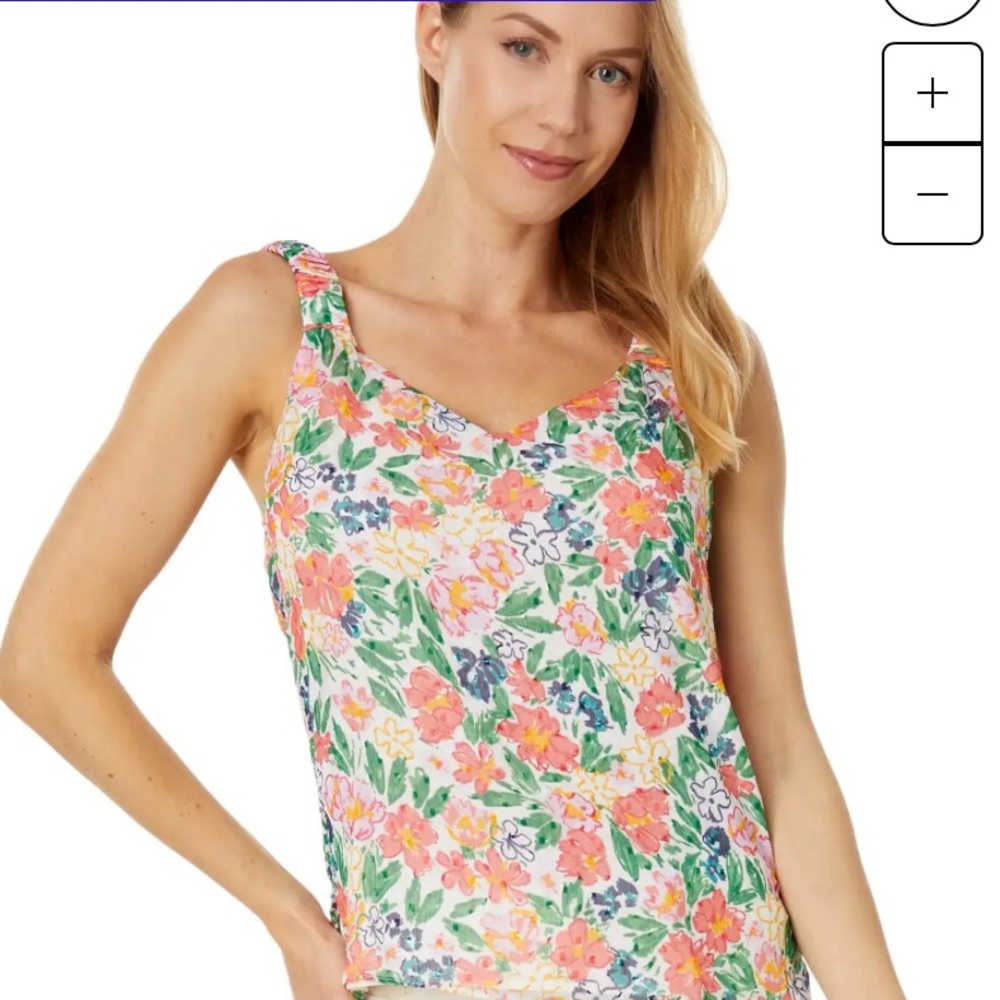 Vince Camuto Floral Print Ruched Straps V-Neck Tank, Birch, Medium,‎ NWOT